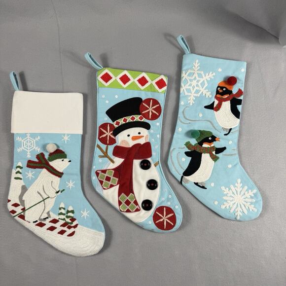 Lot of 3 Alice Doria Blue Christmas Stockings Polar Bear Snowman Penguins 21” - Picture 2 of 9